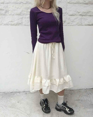 Antique Frill Flare Elastic Waist Midi Skirt