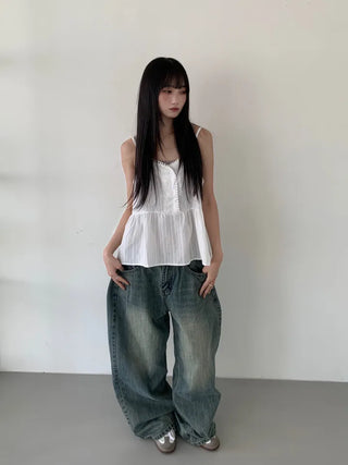 Mokin Side Pintuck Washed Wide Denim Long Pants