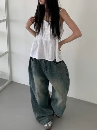 Mokin Side Pintuck Washed Wide Denim Long Pants