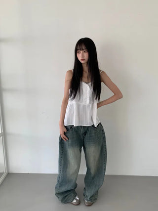 Mokin Side Pintuck Washed Wide Denim Long Pants