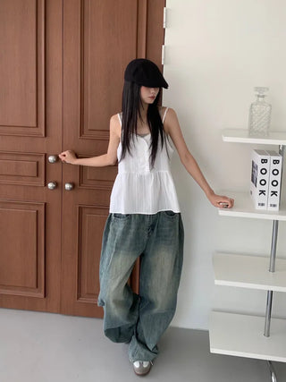 Mokin Side Pintuck Washed Wide Denim Long Pants