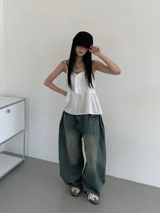 Mokin Side Pintuck Washed Wide Denim Long Pants