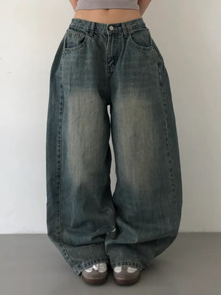 Mokin Side Pintuck Washed Wide Denim Long Pants