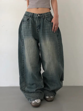 Mokin Side Pintuck Washed Wide Denim Long Pants