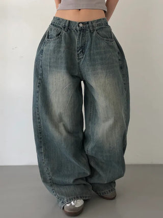 Mokin Side Pintuck Washed Wide Denim Long Pants