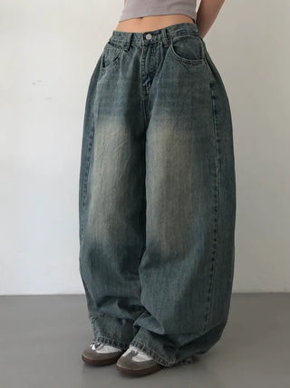 Mokin Side Pintuck Washed Wide Denim Long Pants