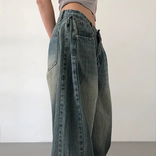 Mokin Side Pintuck Washed Wide Denim Long Pants