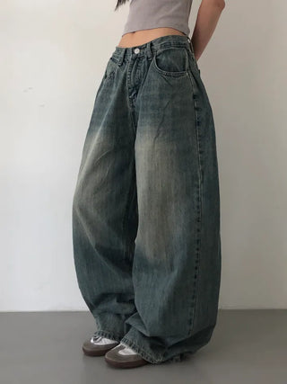 Mokin Side Pintuck Washed Wide Denim Long Pants