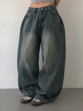 Mokin Side Pintuck Washed Wide Denim Long Pants