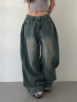 Mokin Side Pintuck Washed Wide Denim Long Pants
