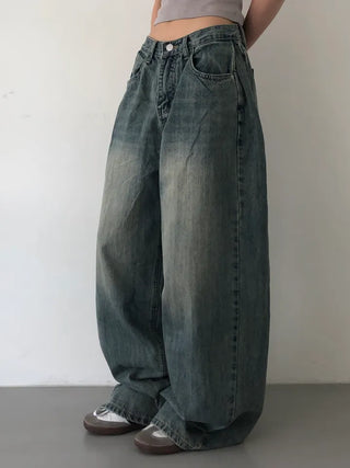 Mokin Side Pintuck Washed Wide Denim Long Pants