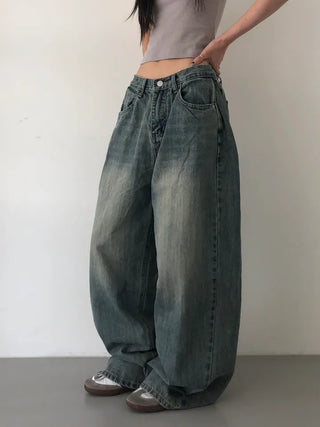 Mokin Side Pintuck Washed Wide Denim Long Pants