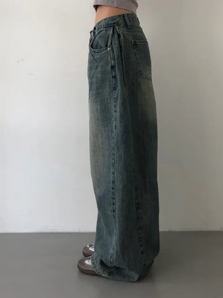 Mokin Side Pintuck Washed Wide Denim Long Pants