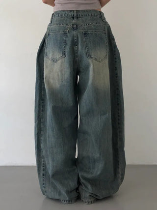 Mokin Side Pintuck Washed Wide Denim Long Pants