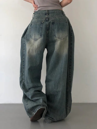 Mokin Side Pintuck Washed Wide Denim Long Pants
