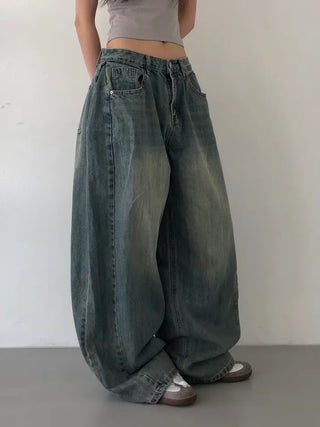 Mokin Side Pintuck Washed Wide Denim Long Pants