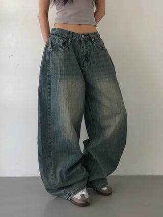 Mokin Side Pintuck Washed Wide Denim Long Pants