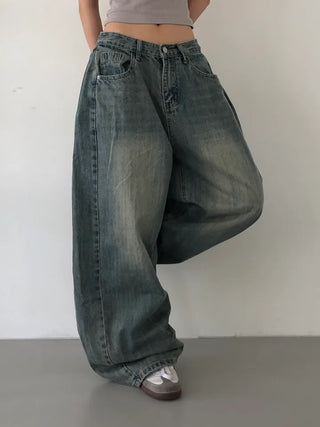 Mokin Side Pintuck Washed Wide Denim Long Pants