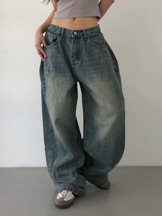 Mokin Side Pintuck Washed Wide Denim Long Pants