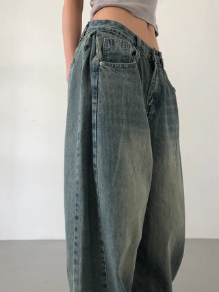 Mokin Side Pintuck Washed Wide Denim Long Pants
