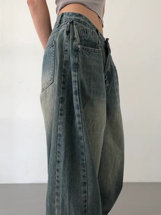Mokin Side Pintuck Washed Wide Denim Long Pants