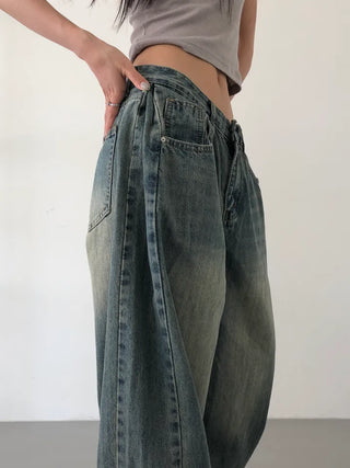 Mokin Side Pintuck Washed Wide Denim Long Pants