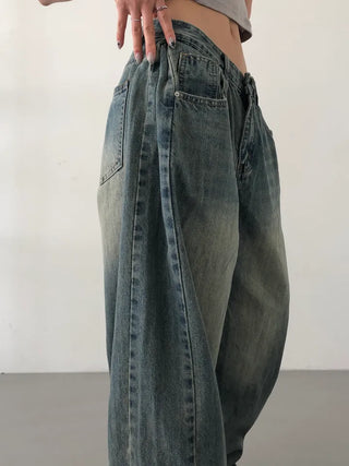 Mokin Side Pintuck Washed Wide Denim Long Pants