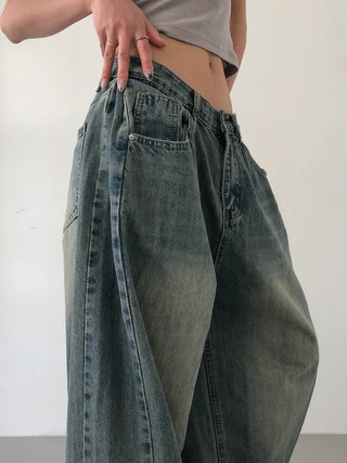 Mokin Side Pintuck Washed Wide Denim Long Pants