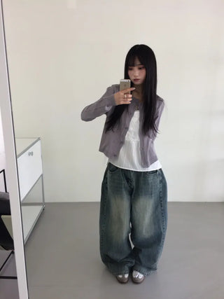 Mokin Side Pintuck Washed Wide Denim Long Pants
