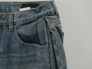 Mokin Side Pintuck Washed Wide Denim Long Pants