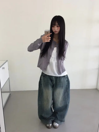 Mokin Side Pintuck Washed Wide Denim Long Pants