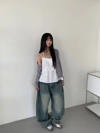 Mokin Side Pintuck Washed Wide Denim Long Pants