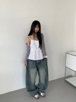 Mokin Side Pintuck Washed Wide Denim Long Pants