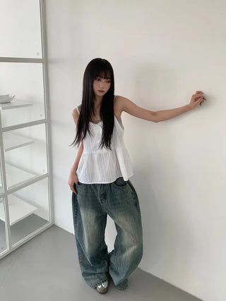 Mokin Side Pintuck Washed Wide Denim Long Pants