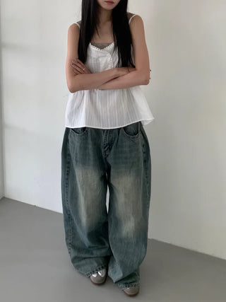 Mokin Side Pintuck Washed Wide Denim Long Pants