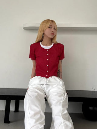 Napi Crop Ribbed Summer Short Sleeve Cardigan