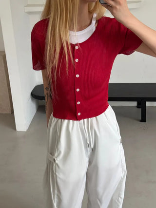 Napi Crop Ribbed Summer Short Sleeve Cardigan