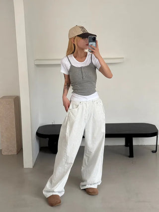 Moti Loose Wide Striped Cotton Pants