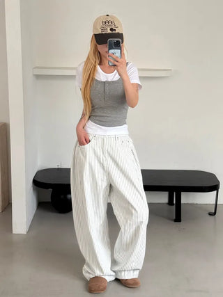 Moti Loose Wide Striped Cotton Pants