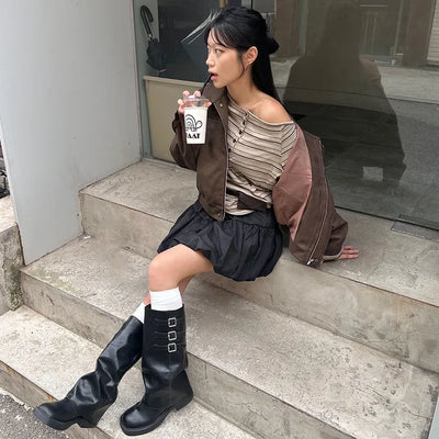 Lee Know Striped Off-Shoulder Long Sleeve T-Shirt Daily Autumn Winter