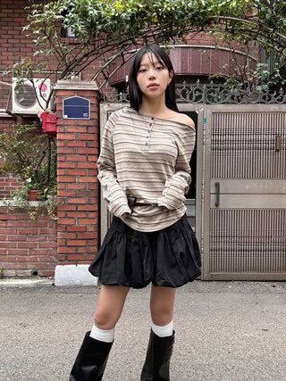 Lee Know Striped Off-Shoulder Long Sleeve T-Shirt Daily Autumn Winter