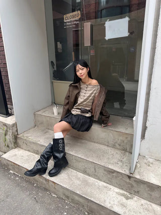 Lee Know Striped Off-Shoulder Long Sleeve T-Shirt Daily Autumn Winter