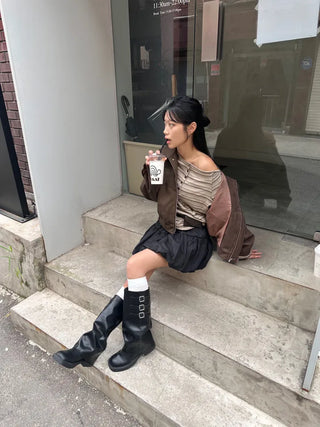 Lee Know Striped Off-Shoulder Long Sleeve T-Shirt Daily Autumn Winter