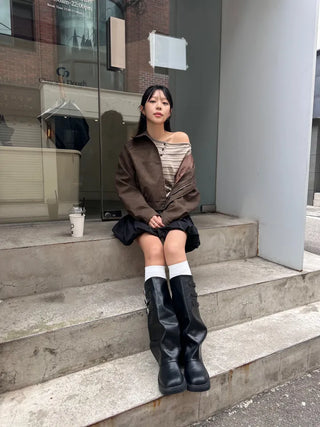 Lee Know Striped Off-Shoulder Long Sleeve T-Shirt Daily Autumn Winter