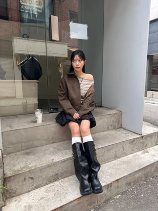 Lee Know Striped Off-Shoulder Long Sleeve T-Shirt Daily Autumn Winter