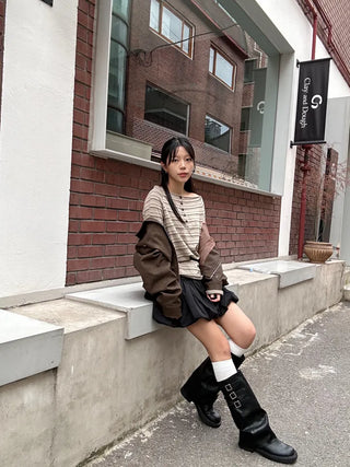 Lee Know Striped Off-Shoulder Long Sleeve T-Shirt Daily Autumn Winter