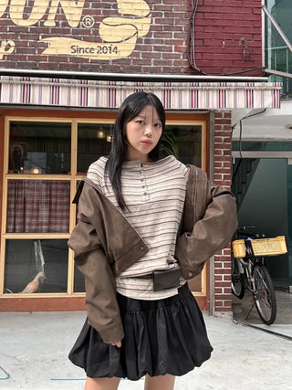Lee Know Striped Off-Shoulder Long Sleeve T-Shirt Daily Autumn Winter