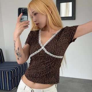 Lace Frill V-Neck Short Sleeve T-Shirt