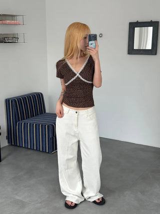 Lace Frill V-Neck Short Sleeve T-Shirt