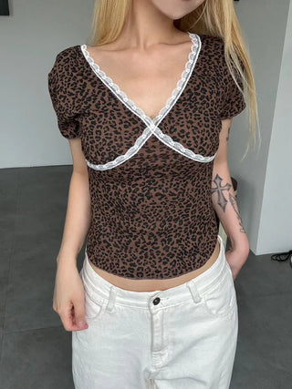 Lace Frill V-Neck Short Sleeve T-Shirt